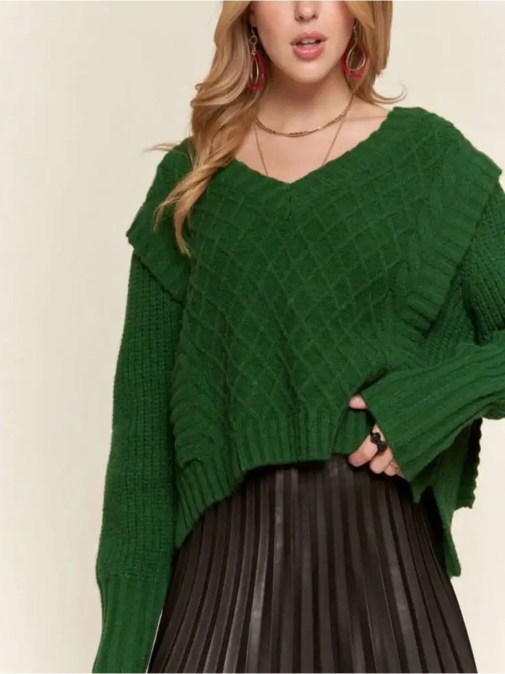 ADORA Emerald Green V-Neck Cable Knit Sweater